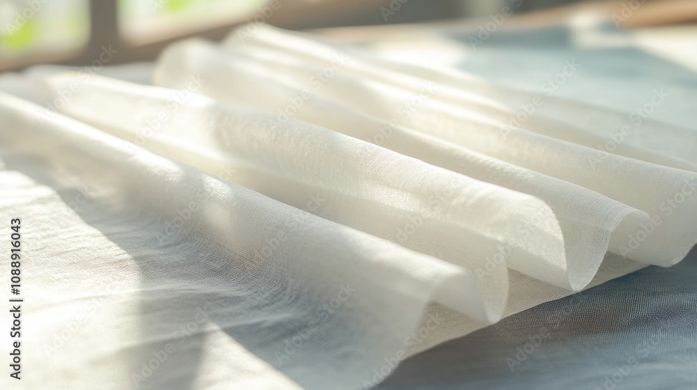 Obraz premium Smooth sheets of tissue laid out on a white table, with soft light revealing texture.