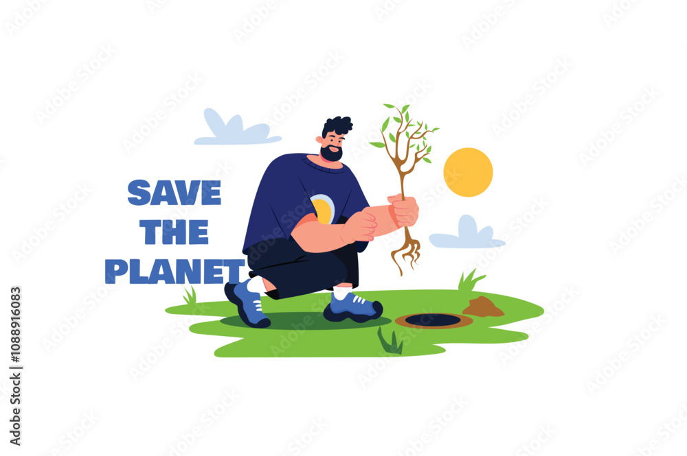 A person kneels while planting a small tree in a grassy area with a hole. The sun shines in the background. Vector illustration A person kneels while planting a small tree in a grassy area with a hole. The sun shines in the background. Vector illustration