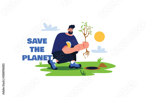 A person kneels while planting a small tree in a grassy area with a hole. The sun shines in the background. Vector illustration