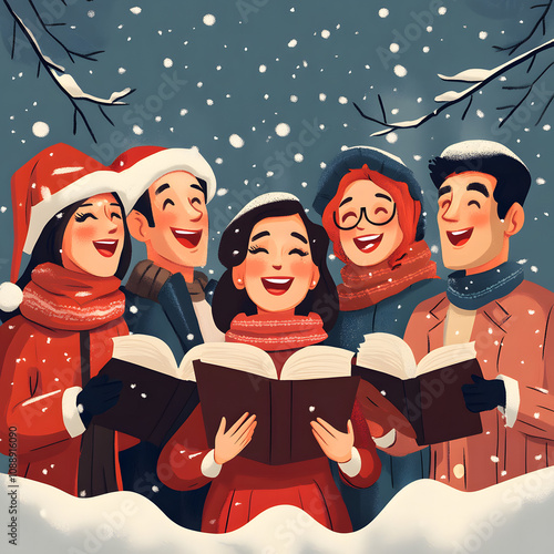 Cartoon-style illustration of carolers in the snow
