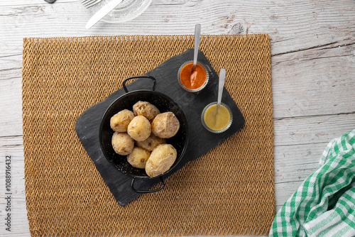 A rustic black dish of papas arrugadas, a traditional Canarian dish, elegantly arranged and garnished with coarse salt, served with vibrant red and green sauces.
