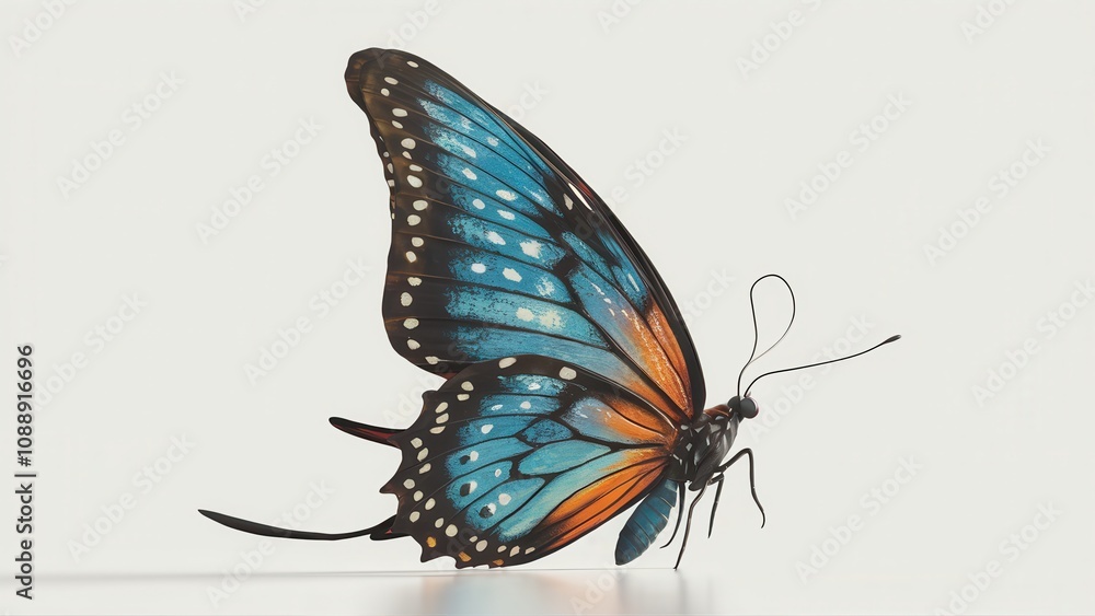Obraz premium Detailed Side View of a Blue and Orange Butterfly with Intricate Wing Patterns