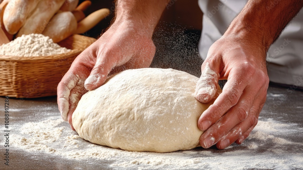 Kneading Dough, Hands working floury dough on a countertop, fine flour dust in the air, illustrating the art of bread making and the tactile joy of baking. Kneading Dough, Hands working floury dough on a countertop, fine flour dust in the air, illustrating the art of bread making and the tactile joy of baking.