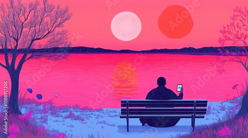 Person sits on bench by lake, using phone; two moons in surreal sunset.