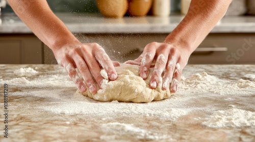 Kneading Dough, Hands working with flour on a countertop, emphasizing the art of bread making, with a soft cloud of flour creating an inviting atmosphere