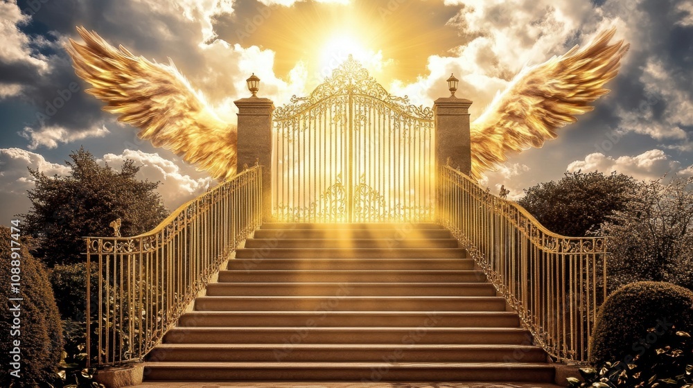 Fototapeta premium Stairway of light leading to a magnificent golden gate, surrounded by angelic clouds and warm sunlight.