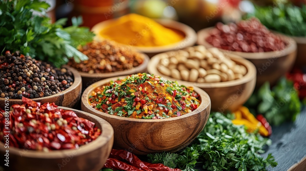a variety of spices arranged in wooden bowls a variety of spices arranged in wooden bowls
