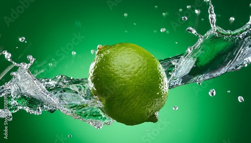 water splashing on fresh green lime isolated on green background