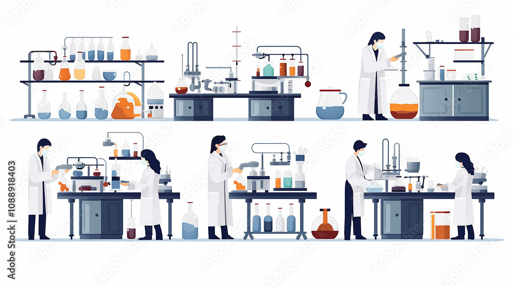 A set of images of an equipped scientific laboratory, scientists in lab coats on a white background A set of images of an equipped scientific laboratory, scientists in lab coats on a white background