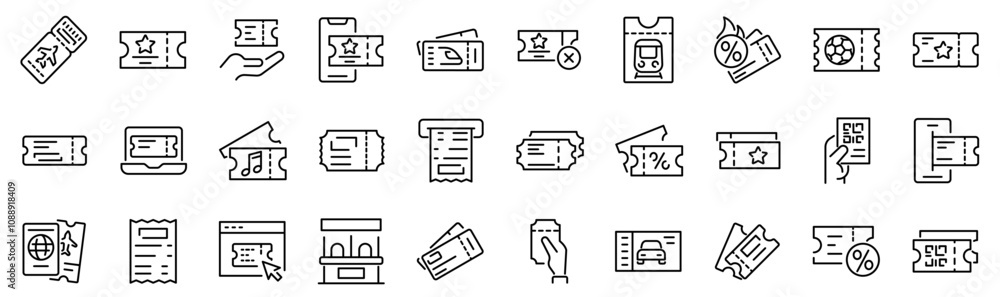 Set of 30 outline icons related to tickets. Linear icon collection. Editable stroke. Vector illustration	