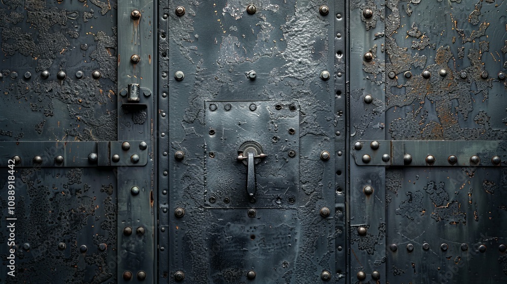 Weathered Dark Metal Door with Rivets and a Simple Handle Weathered Dark Metal Door with Rivets and a Simple Handle