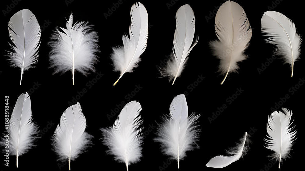 A set of different white fluffy bird feathers on a black background A set of different white fluffy bird feathers on a black background