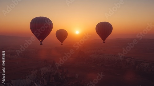 Hot air balloons soaring at sunrise over a scenic landscape.