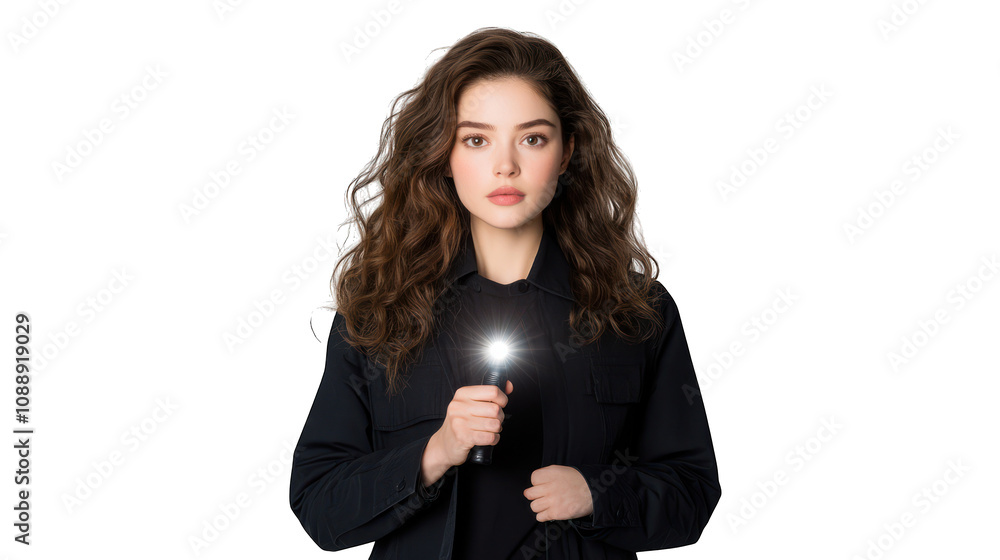 A young woman holding a flashlight, looking serious and focused. Transparent background. A young woman holding a flashlight, looking serious and focused. Transparent background.