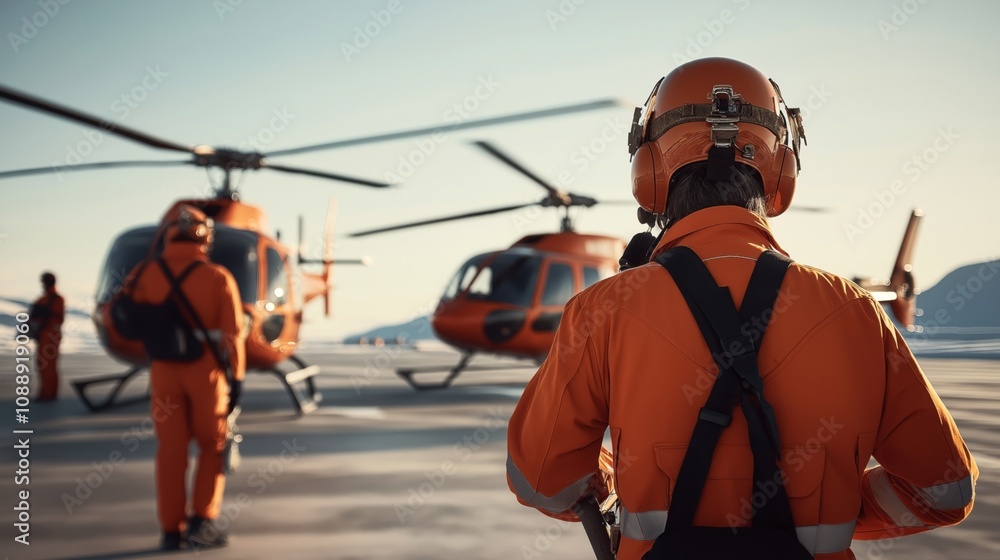 Two helicopter pilots in orange flight suits and helmets standing on a helipad with orange helicopters in preparation for flight in a mountainous area under clear skies Two helicopter pilots in orange flight suits and helmets standing on a helipad with orange helicopters in preparation for flight in a mountainous area under clear skies