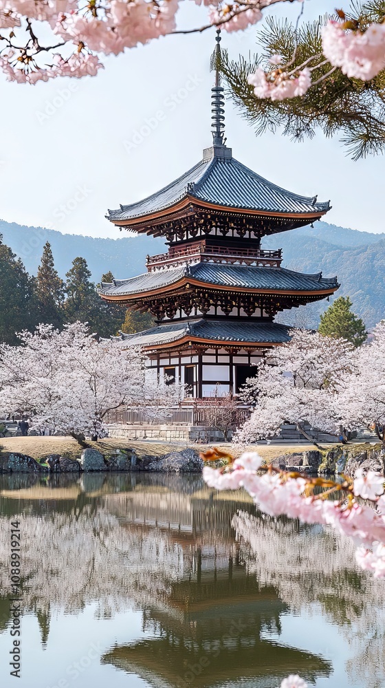 Tranquil Japanese Pagoda Reflected in Cherry Blossom Pond Tranquil Japanese Pagoda Reflected in Cherry Blossom Pond