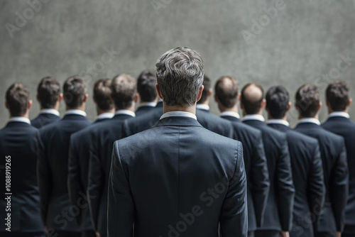 A group of men in suits stand uniformly with their backs to the camera, emphasizing uniformity and conformity against a plain background.