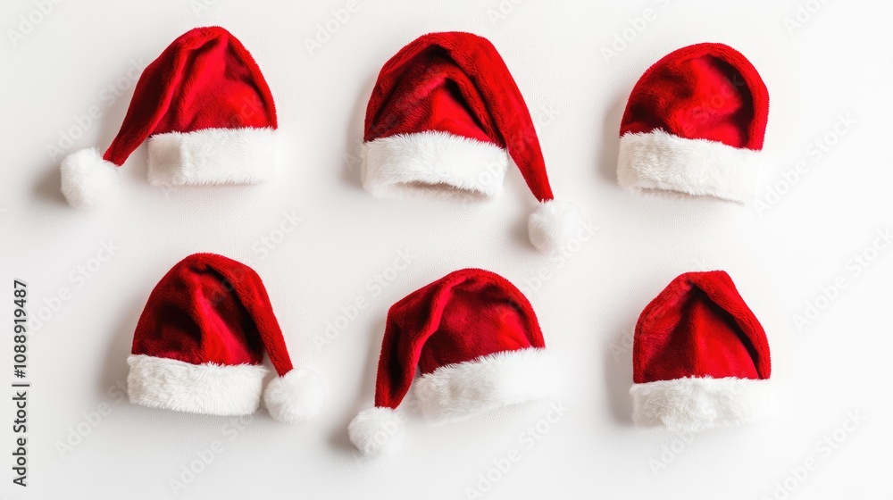 Six vibrant Christmas hats adorned with fluffy white trim rest against a clean, monochrome backdrop Six vibrant Christmas hats adorned with fluffy white trim rest against a clean, monochrome backdrop