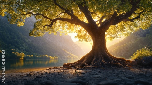Majestic World Tree Embracing Nature's Harmony, sprawling roots anchor deeply into earth, vibrant canopy glimmers in golden light, serene water reflects beauty, mountains rise in strength.