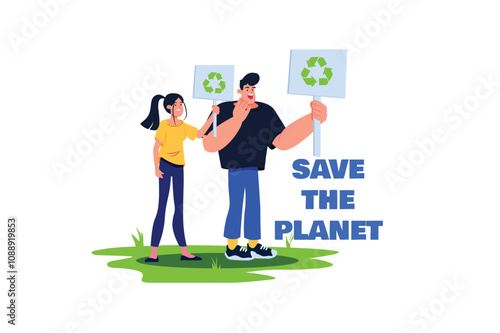 A scene showing two individuals protesting for environmental conservation, holding signs that emphasize recycling. Vector illustration