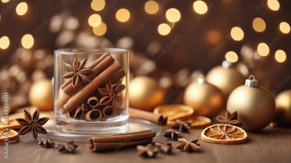 Festive Holiday Spice Display with Citrus and Bokeh Background Festive Holiday Spice Display with Citrus and Bokeh Background