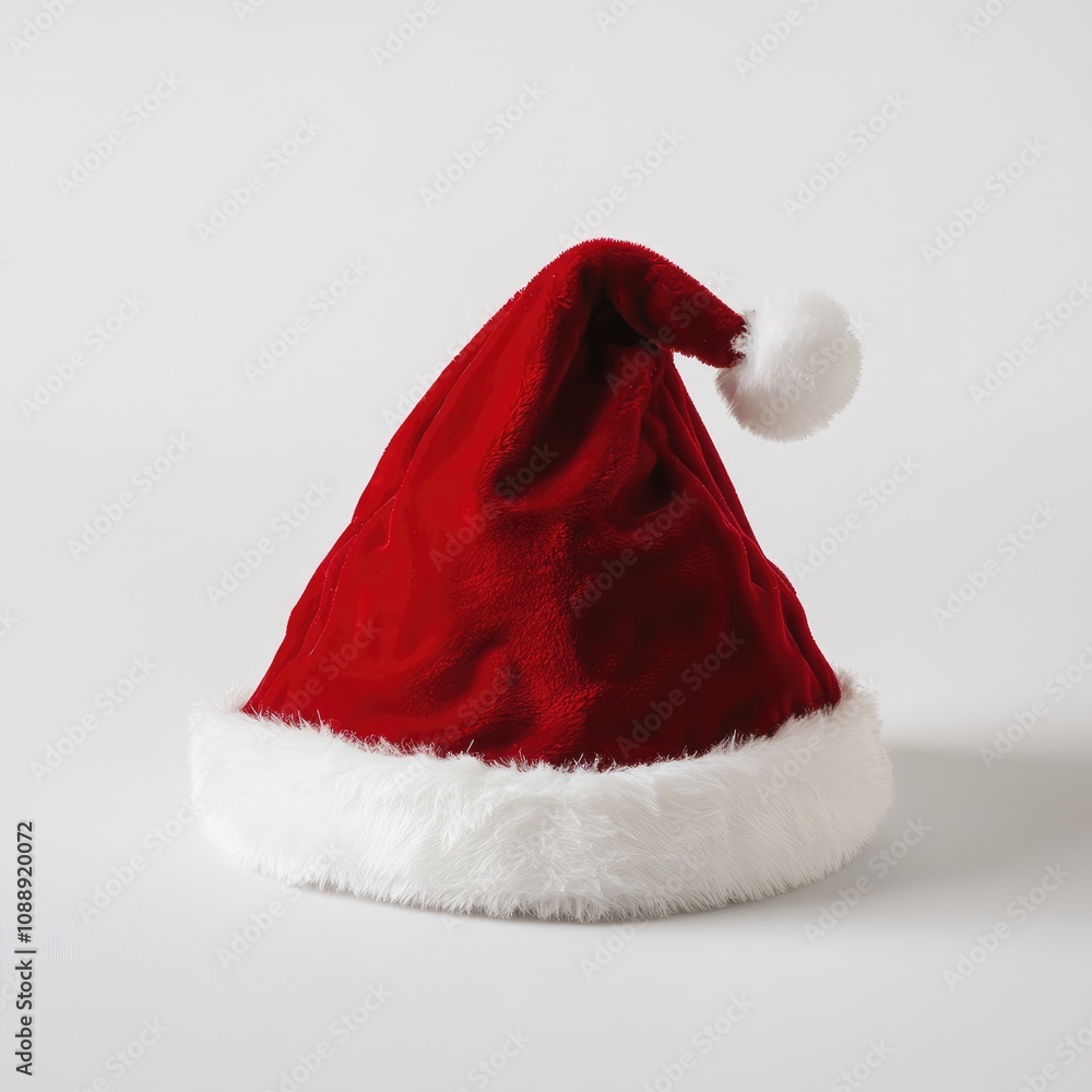 A bright red Santa hat with fluffy white trim sits gracefully on a smooth, light backdrop. This holiday accessory evokes feelings of joy and celebration during the festive season A bright red Santa hat with fluffy white trim sits gracefully on a smooth, light backdrop. This holiday accessory evokes feelings of joy and celebration during the festive season
