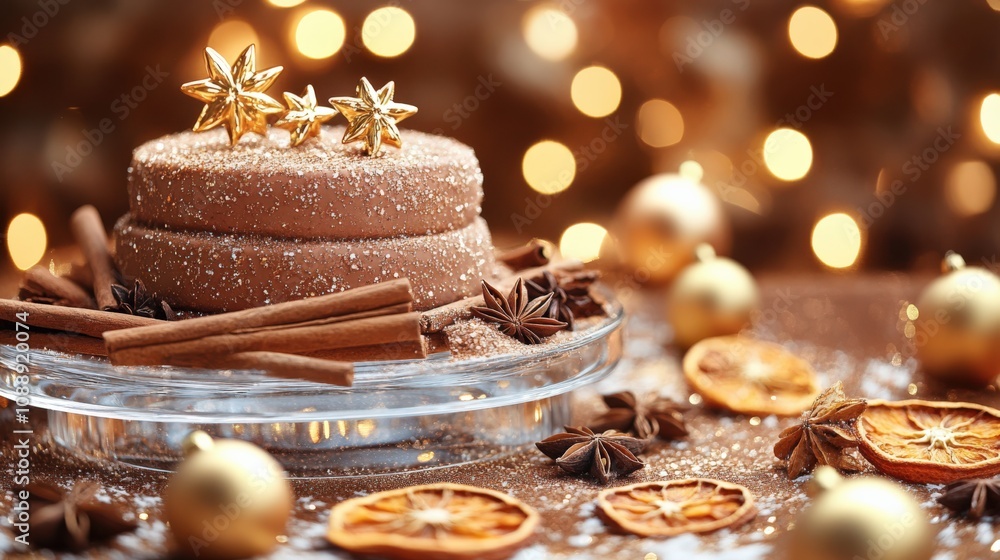 Fototapeta premium Festive Chocolate Cake Decorated with Stars and Oranges for a Celebration