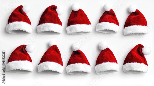 A collection of vibrant Santa hats with white trim is artistically arranged against a clean monochrome background, bringing a touch of holiday spirit and cheer to the scene in this festive setup