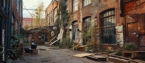 A narrow alleyway between two dilapidated brick buildings, filled with debris and overgrown with greenery.