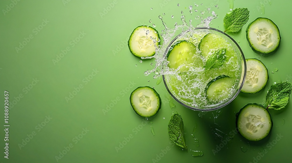 45-degree topview Isolated on background a refreshing cucumber smoothie splashing gently with cucumber slices and mint leaves on a soft green background with side empty space for text Stockphoto style 45-degree topview Isolated on background a refreshing cucumber smoothie splashing gently with cucumber slices and mint leaves on a soft green background with side empty space for text Stockphoto style