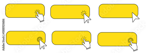 set of yellow buttons with a clicking hand or arrow pointer icon, featuring "Click Here" vector templates. Ideal for web and digital interfaces. Vector illustration.