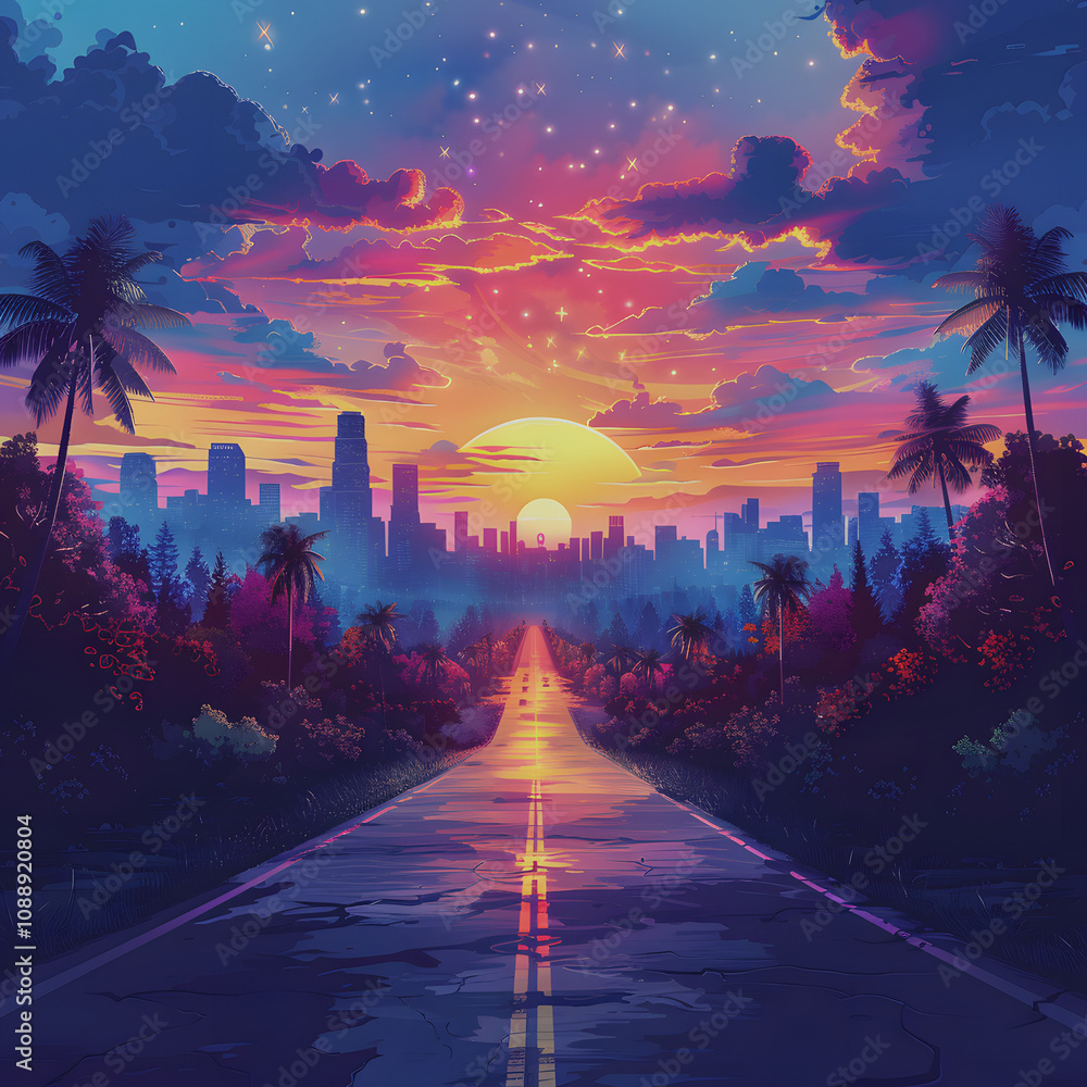 round asphalt road and city skyline with colorful sky clouds at sunset : with a white accent, png round asphalt road and city skyline with colorful sky clouds at sunset : with a white accent, png
