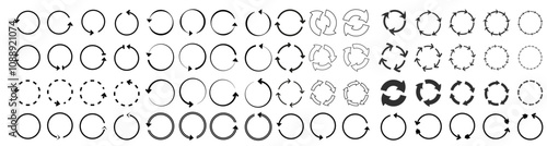 A set of circle arrows, including round reload, repeat icons, rotating arrows, spinning loading symbols, and refresh icons. Vector illustration.