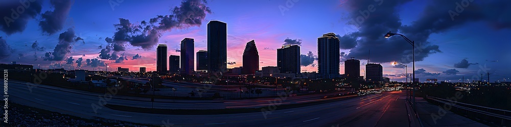 Fototapeta premium A vibrant cityscape of Florida at dusk, showcasing the iconic landmark with high-rise buildings . The sky is painted with hues of blue and purple as the sun sets behind them