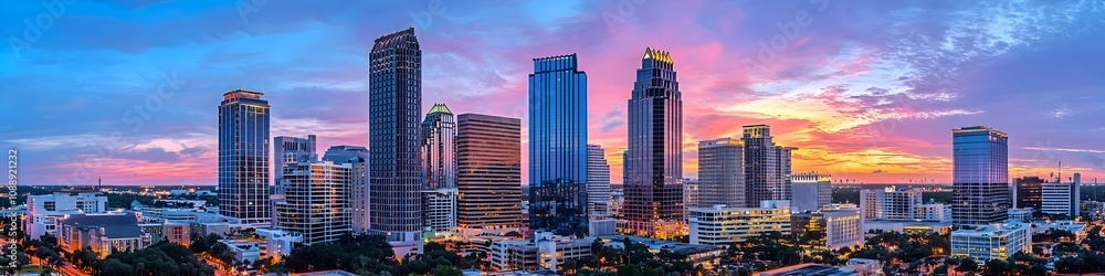 Fototapeta premium A vibrant cityscape of Florida at dusk, showcasing the iconic landmark with high-rise buildings . The sky is painted with hues of blue and purple as the sun sets behind them