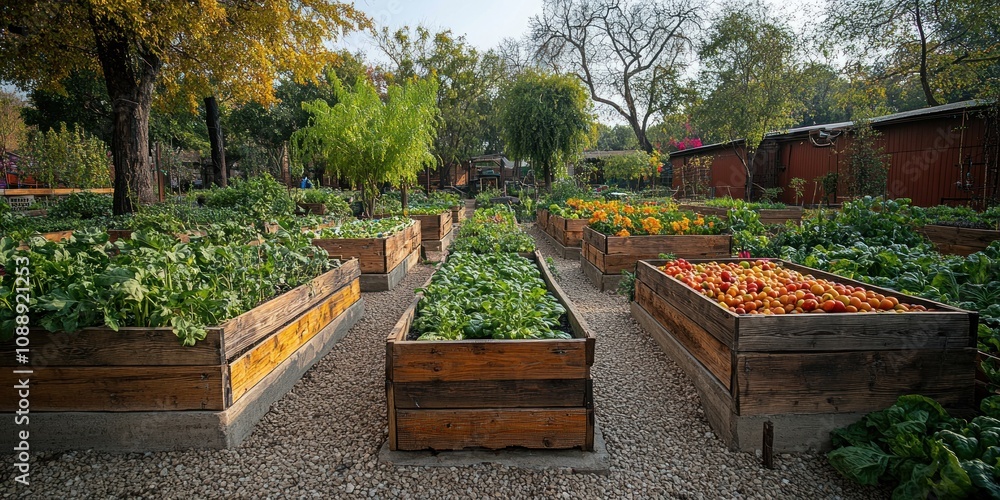 Obraz premium Rows of raised garden beds filled with various vegetables and flowers in a sunny outdoor setting.