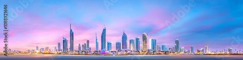 A vibrant cityscape of Florida at dusk, showcasing the iconic landmark with high-rise buildings . The sky is painted with hues of blue and purple as the sun sets behind them, casting long shadows on