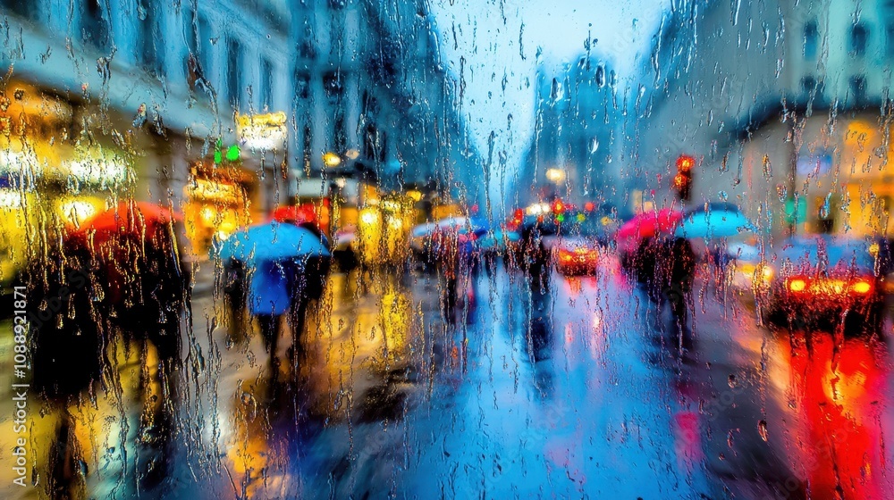 Naklejka premium Rainy city street scene viewed through a rain-streaked window.