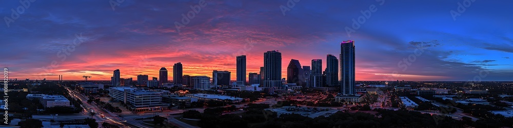 Obraz premium A vibrant cityscape of Florida at dusk, showcasing the iconic landmark with high-rise buildings . The sky is painted with hues of blue and purple as the sun sets behind them, casting long shadows on