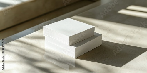 A series of stacked paper mockups displaying business card designs on a minimalist table