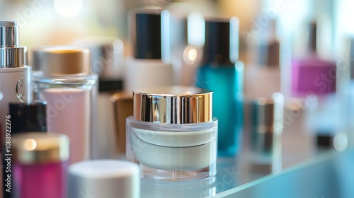 A collection of various cosmetic and beauty products arranged on a glass shelf.