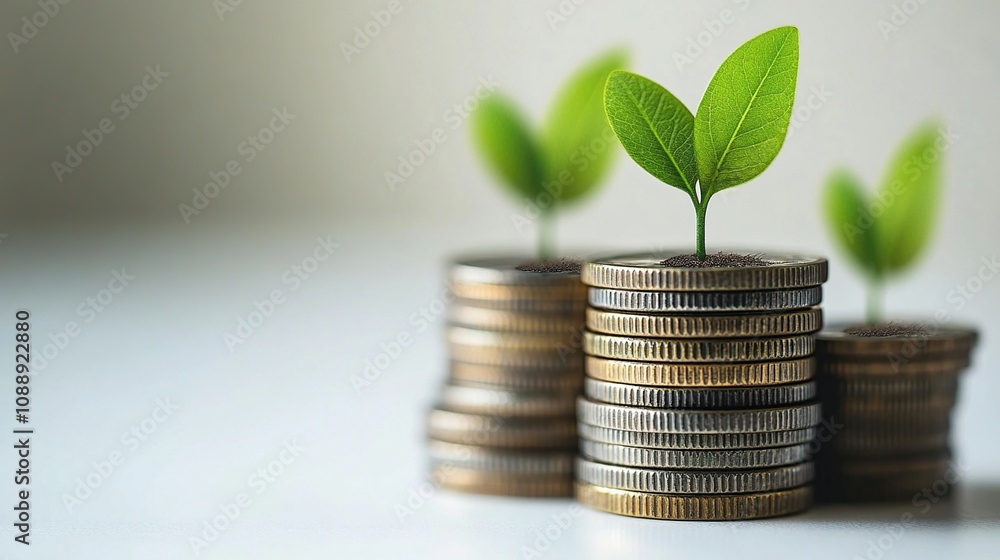 Stacked coins with green leaves symbolizing financial growth and sustainability. Stacked coins with green leaves symbolizing financial growth and sustainability.