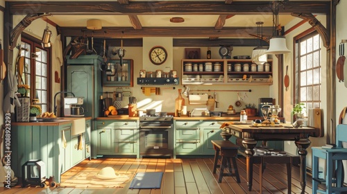 A cozy, rustic kitchen with wooden beams, a large window, and a dining table in the center. There is a sink, a stove, and a refrigerator in the kitchen.