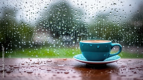 Rainy day coffee. Blue cup on wood, rain-streaked window.