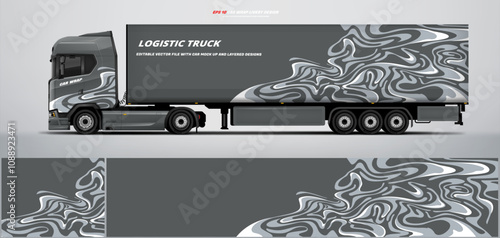 truck trailer livery design template. Truck Cargo delivering vehicle paintjob. Mock up and design on separate layers vector files.