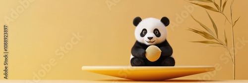 A cute panda figurine holding a snack on a yellow plate, set against a warm background.