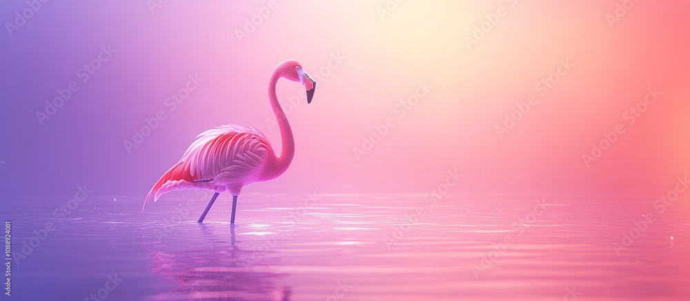Fototapeta premium A serene pink flamingo stands gracefully in calm waters, surrounded by soft, colorful light.
