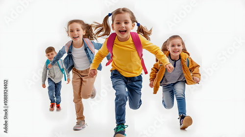 happy school kids running in corridor with a white accent, png