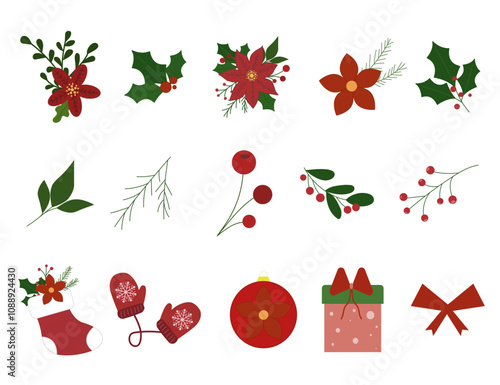 Christmas Decoration Set, Gifts, Plants, Mittens on White Background. Holiday Elements Christmas Flowers Fir Twigs Gift Red Berries Vector Illustration Green Leaves