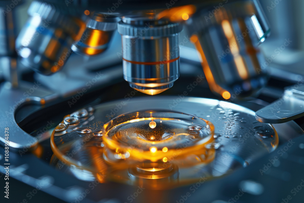 a fertilized embryo in a petri dish under a microscope